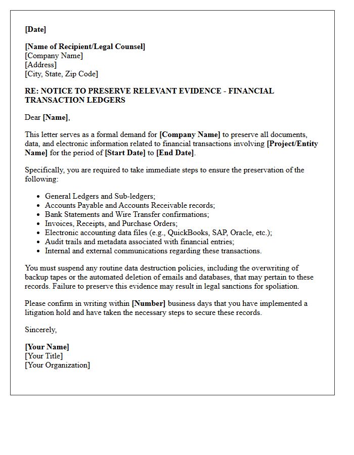 Corporate Client Financial Transaction Ledger Preservation Letter