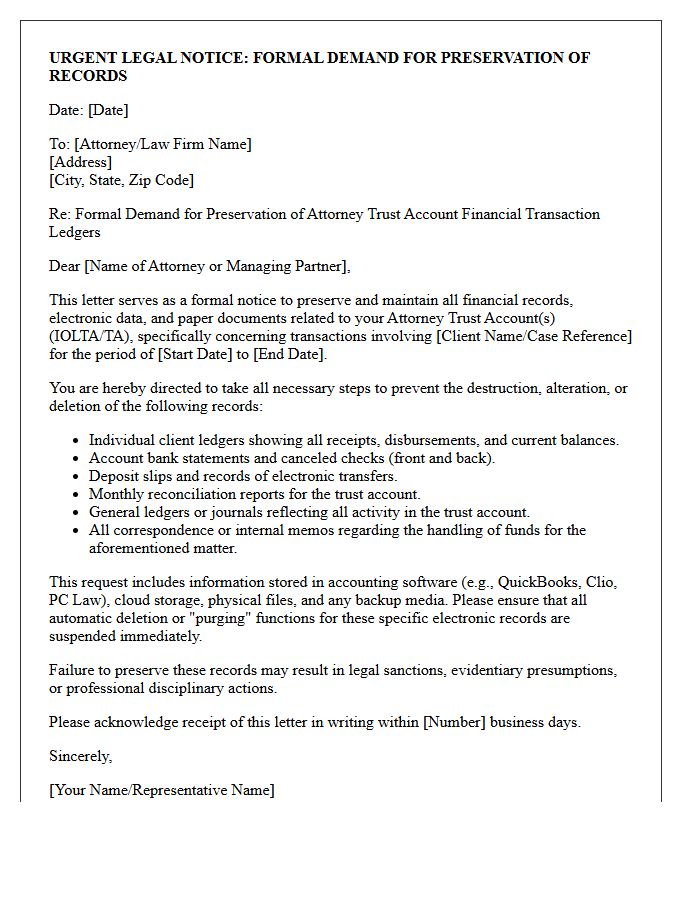 Attorney Trust Account Financial Transaction Ledger Preservation Letter