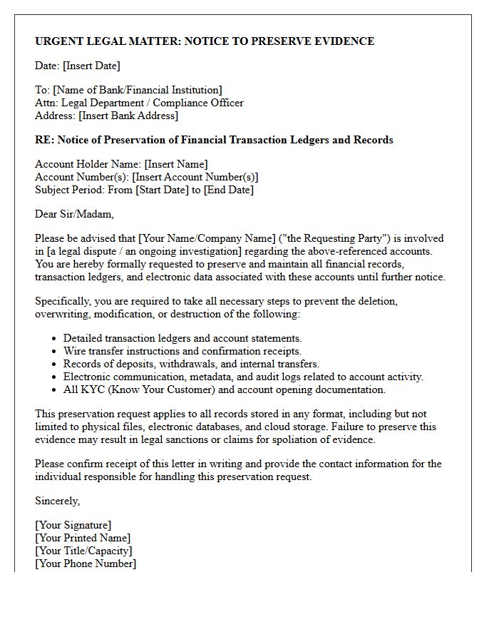 Third-Party Bank Financial Transaction Ledger Preservation Letter