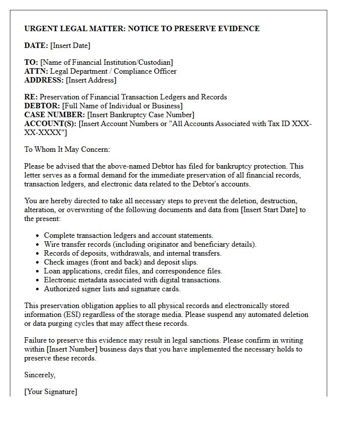 Bankruptcy Estate Financial Transaction Ledger Preservation Letter