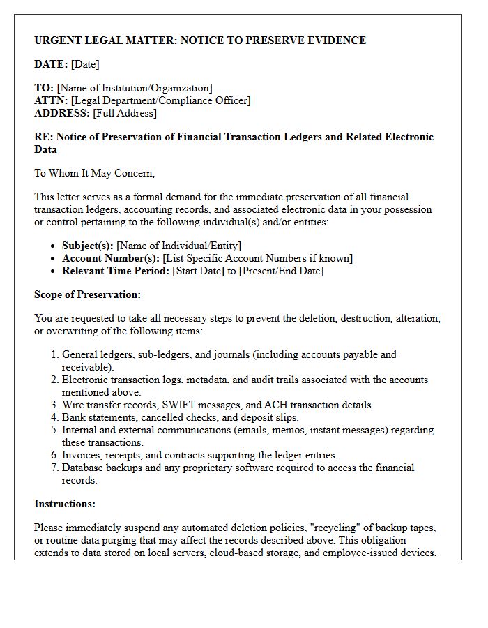 White-Collar Crime Financial Transaction Ledger Preservation Letter