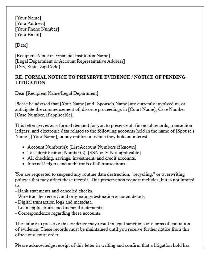 Divorce Proceeding Financial Transaction Ledger Preservation Letter