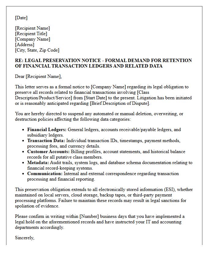 Class Action Litigation Financial Transaction Ledger Preservation Letter