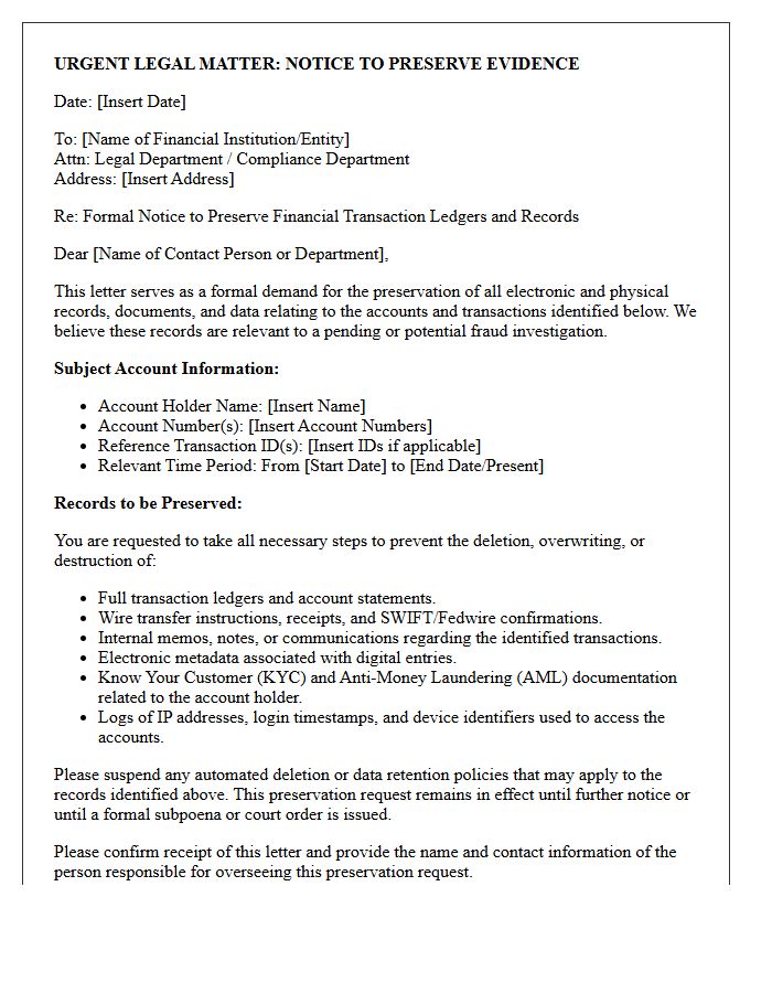 Fraud Investigation Financial Transaction Ledger Preservation Letter