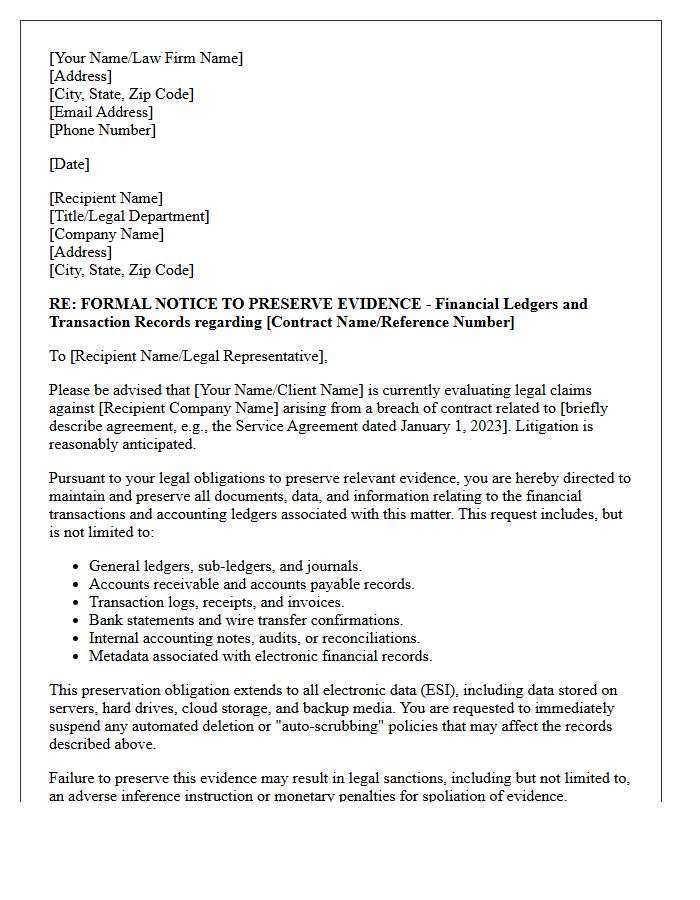 Breach of Contract Financial Transaction Ledger Preservation Letter