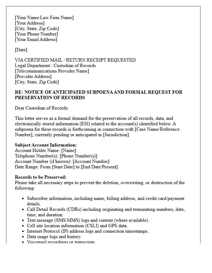 Telecommunications Provider Third-Party Subpoena Anticipation Preservation Letter