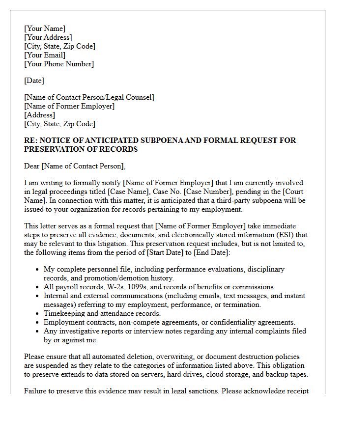 Former Employer Third-Party Subpoena Anticipation Preservation Letter
