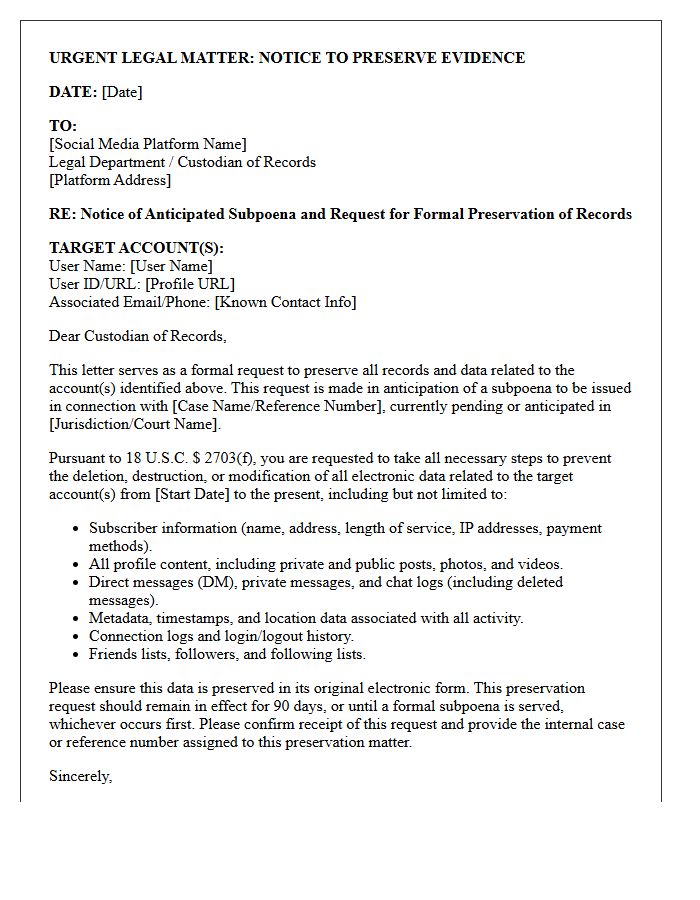 Social Media Platform Third-Party Subpoena Anticipation Preservation Letter