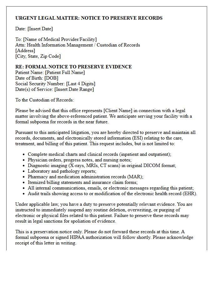 Medical Provider Third-Party Subpoena Anticipation Preservation Letter