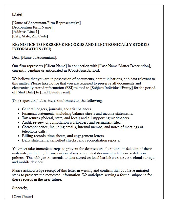 Independent Accountant Third-Party Subpoena Anticipation Preservation Letter