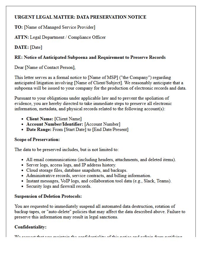 Managed Information Technology Service Third-Party Subpoena Anticipation Preservation Letter