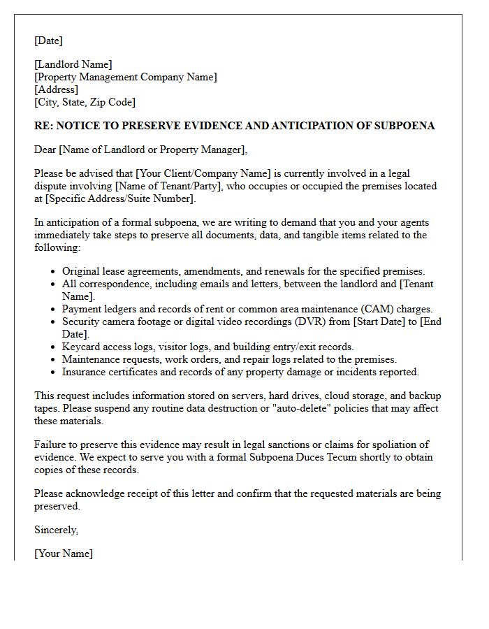 Commercial Landlord Third-Party Subpoena Anticipation Preservation Letter