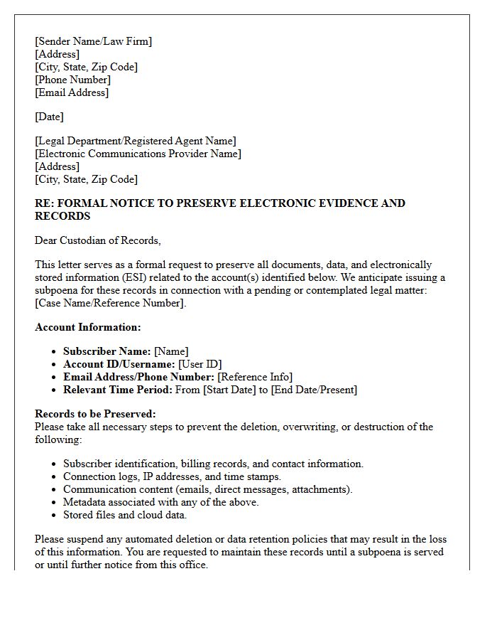 Electronic Communications Provider Third-Party Subpoena Anticipation Preservation Letter