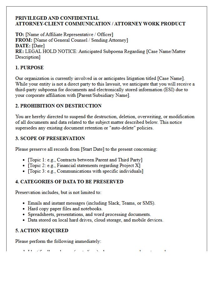 Corporate Affiliate Third-Party Subpoena Anticipation Preservation Letter