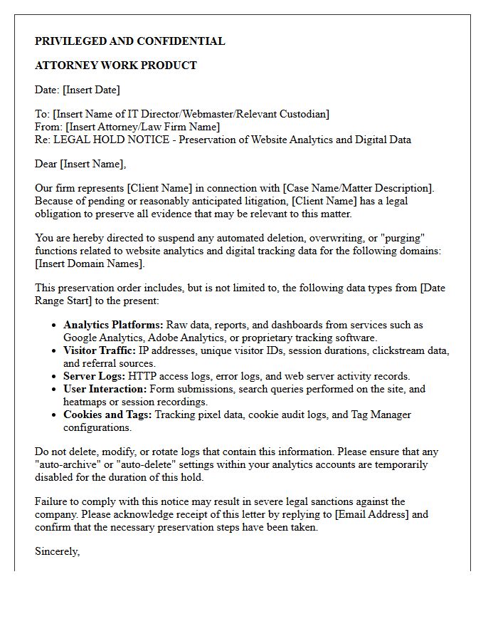 Law Firm Litigation Hold Website Analytics Letter