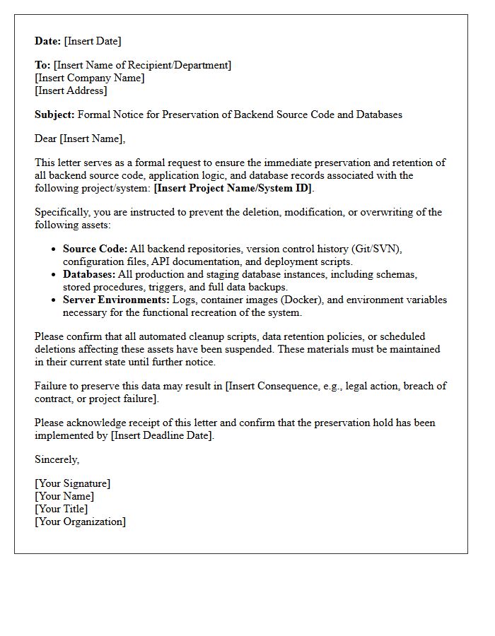 Backend Source Code And Database Preservation Letter