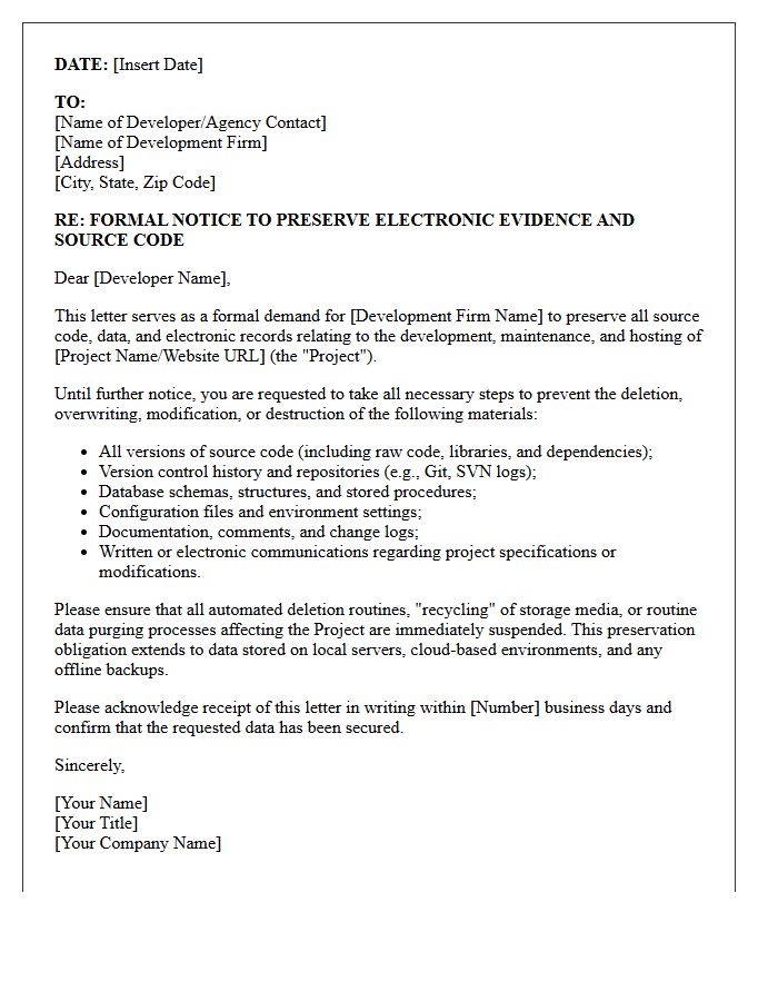 Third-Party Web Developer Source Code Preservation Letter