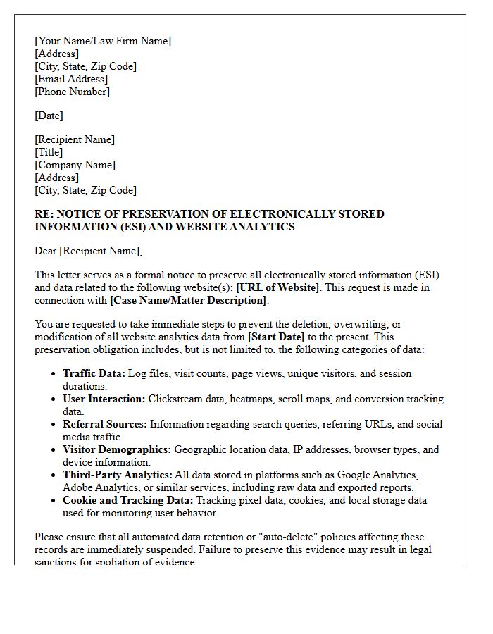 Electronic Discovery Website Analytics Preservation Letter