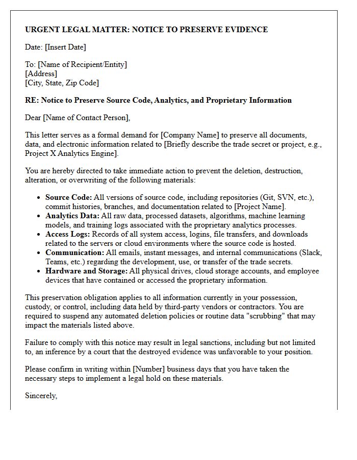 Trade Secret Source Code And Analytics Preservation Letter
