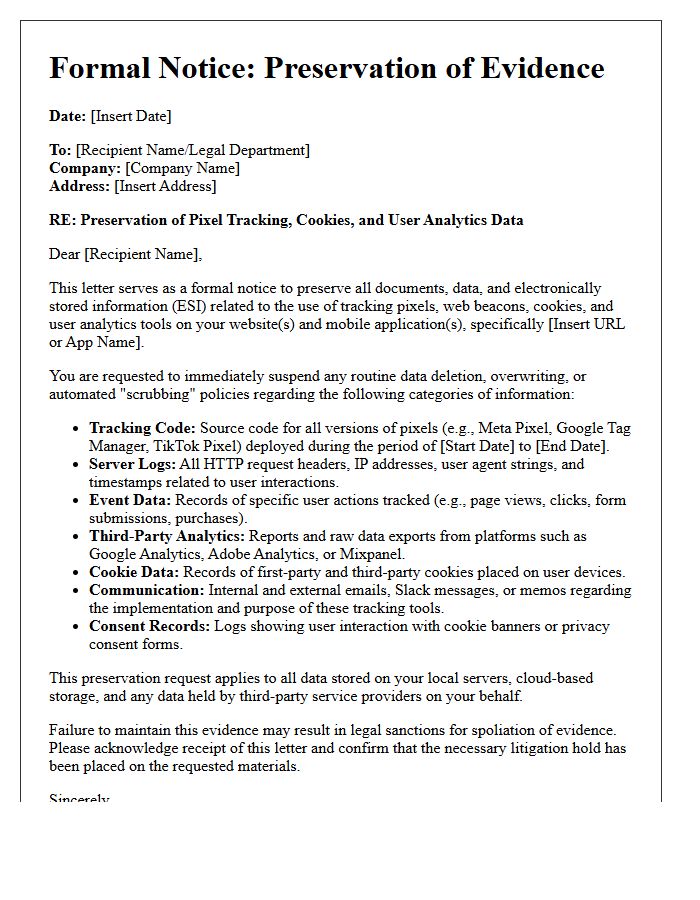 Pixel Tracking And User Analytics Preservation Letter
