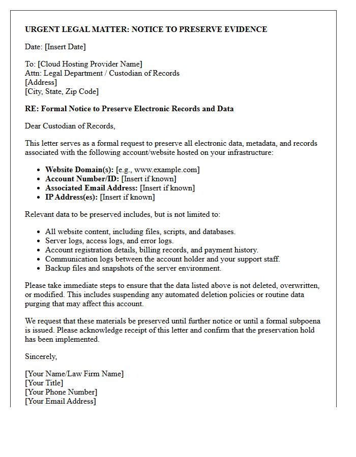 Cloud Hosting Provider Website Data Preservation Letter