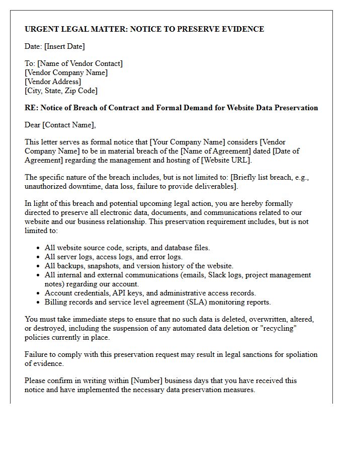 Vendor Breach Of Contract Website Data Preservation Letter