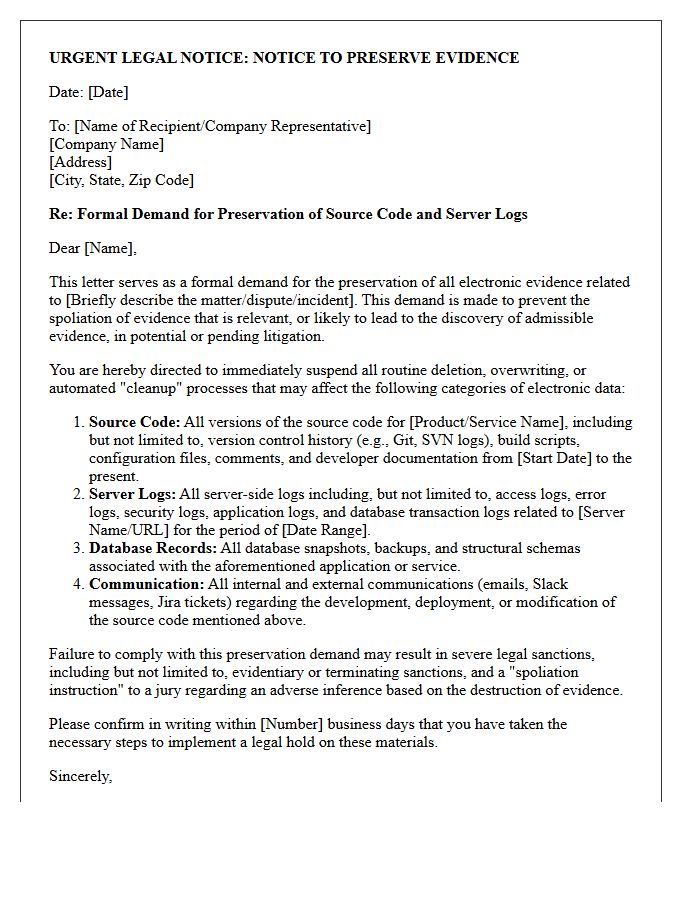 Source Code And Server Log Anti-Spoliation Letter