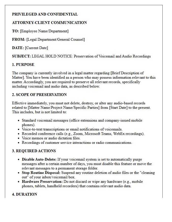 Internal Litigation Hold Letter for Voicemail and Audio Preservation