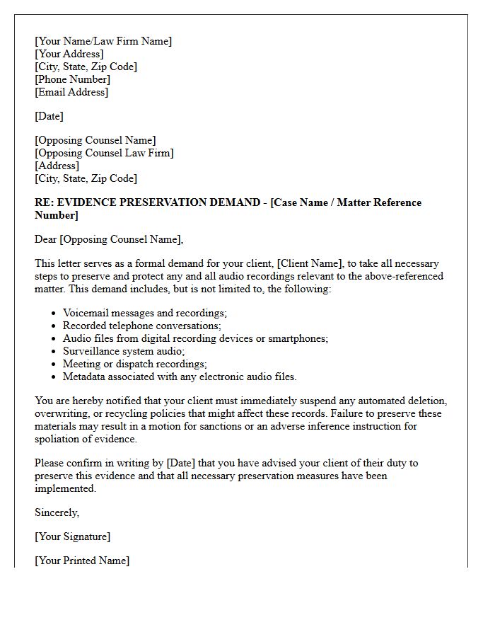 Opposing Counsel Demand Letter for Audio Recording Preservation