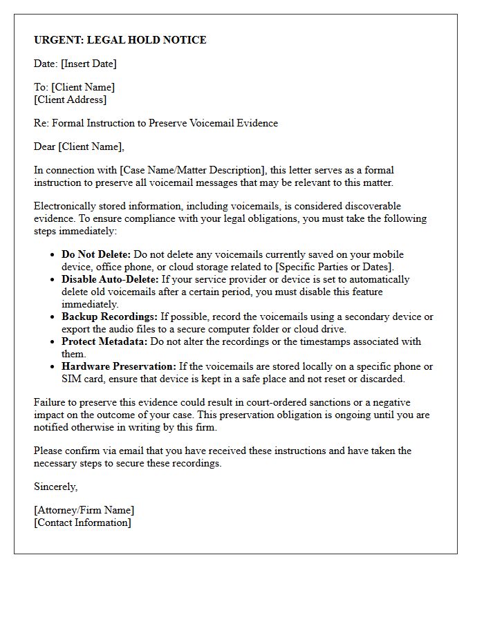 Client Instruction Letter Regarding Voicemail Evidence Retention