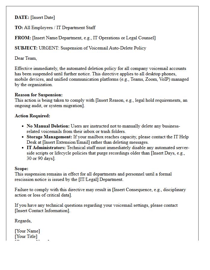Information Technology Directive Letter for Voicemail Auto-Delete Suspension