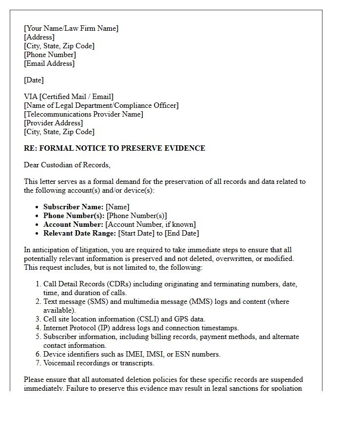 Third-Party Telecommunications Provider Preservation Letter