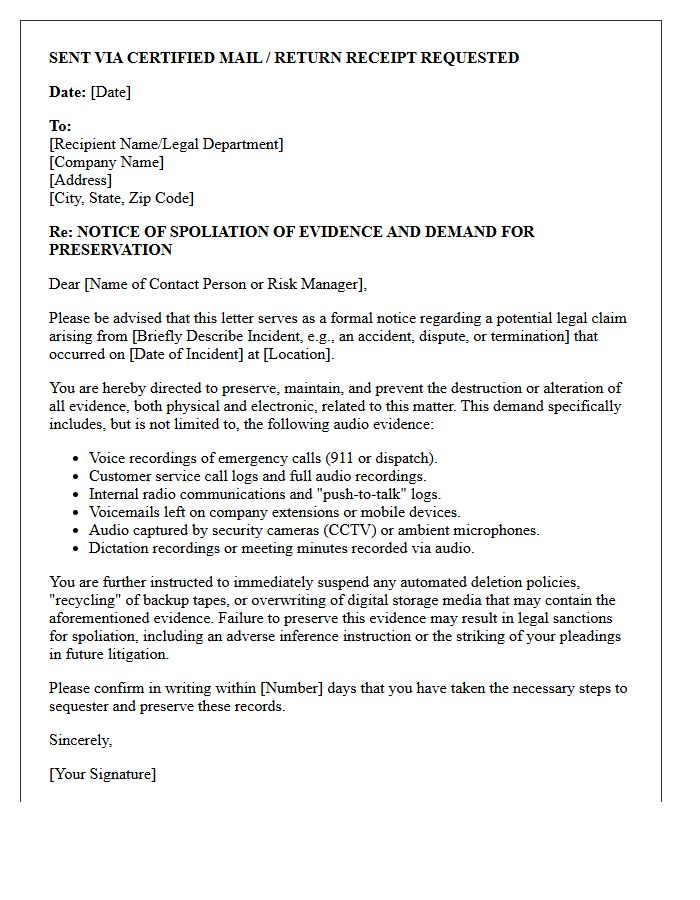 Notice of Spoliation and Audio Evidence Destruction Warning Letter
