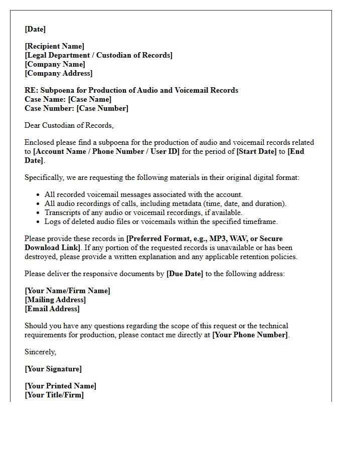 Subpoena Accompanying Letter for Audio and Voicemail Records