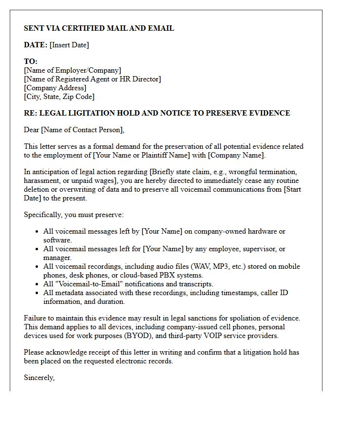Employment Lawsuit Voicemail Preservation Demand Letter