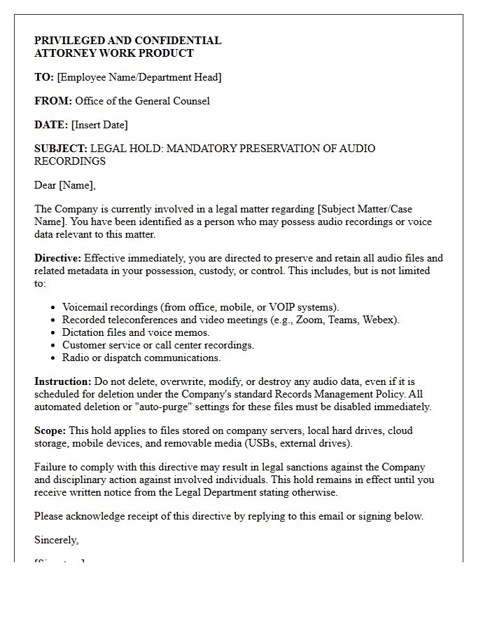 Corporate Counsel Directive Letter for Audio File Preservation