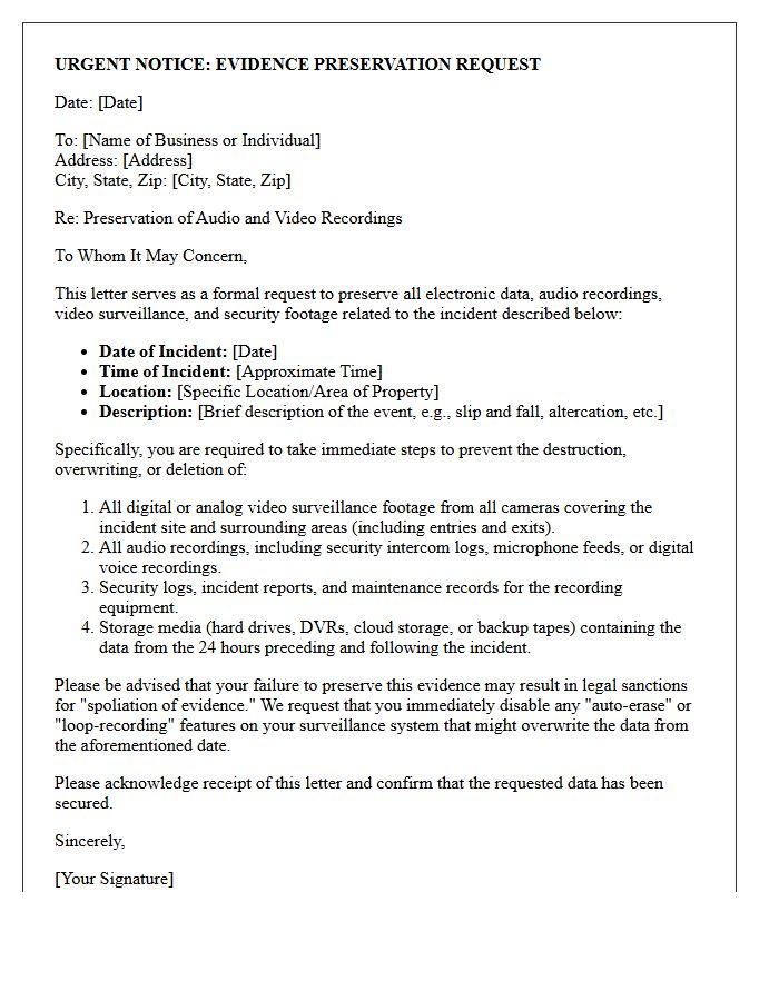 Audio Surveillance and Security Recording Preservation Letter
