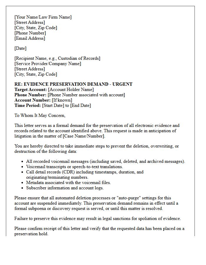 Criminal Defense Voicemail Evidence Preservation Letter