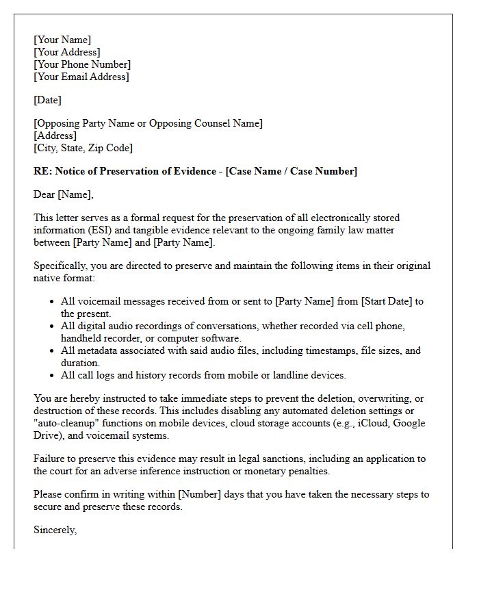 Family Law Audio Recording and Voicemail Retention Letter