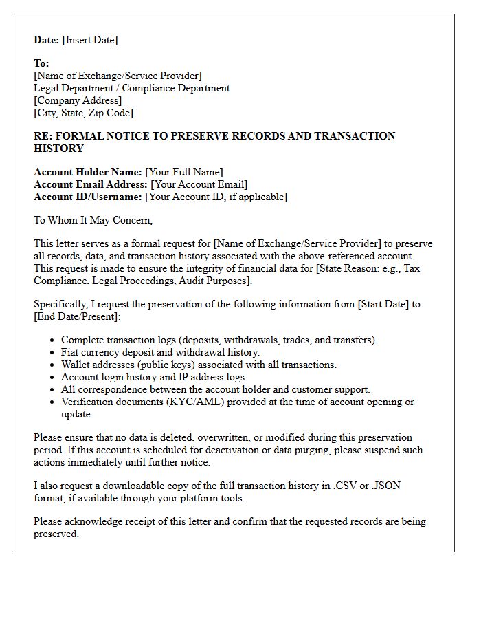 Cryptocurrency Transaction History Preservation Letter