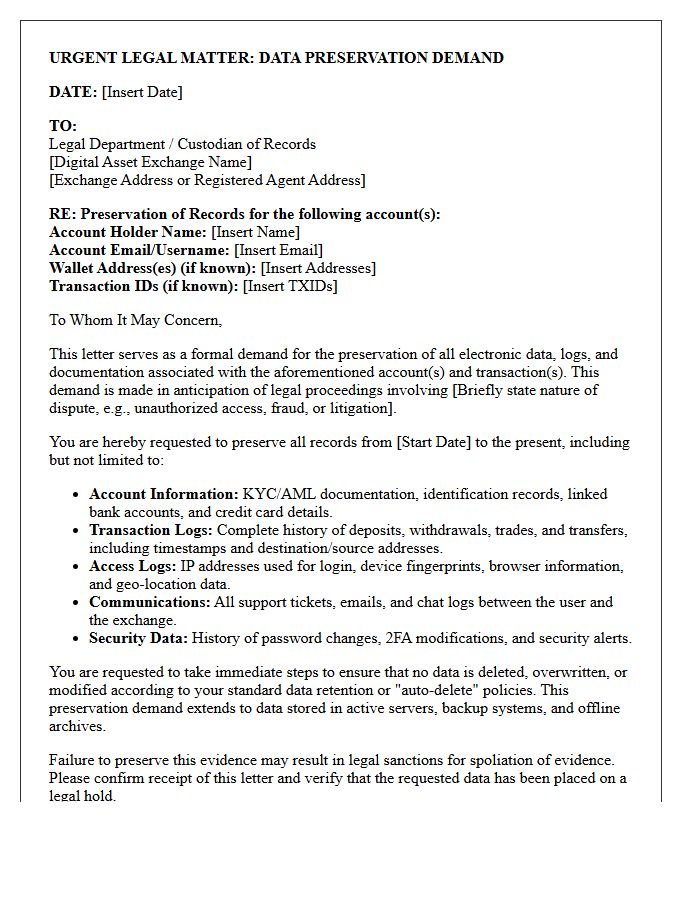 Digital Asset Exchange Data Preservation Demand Letter