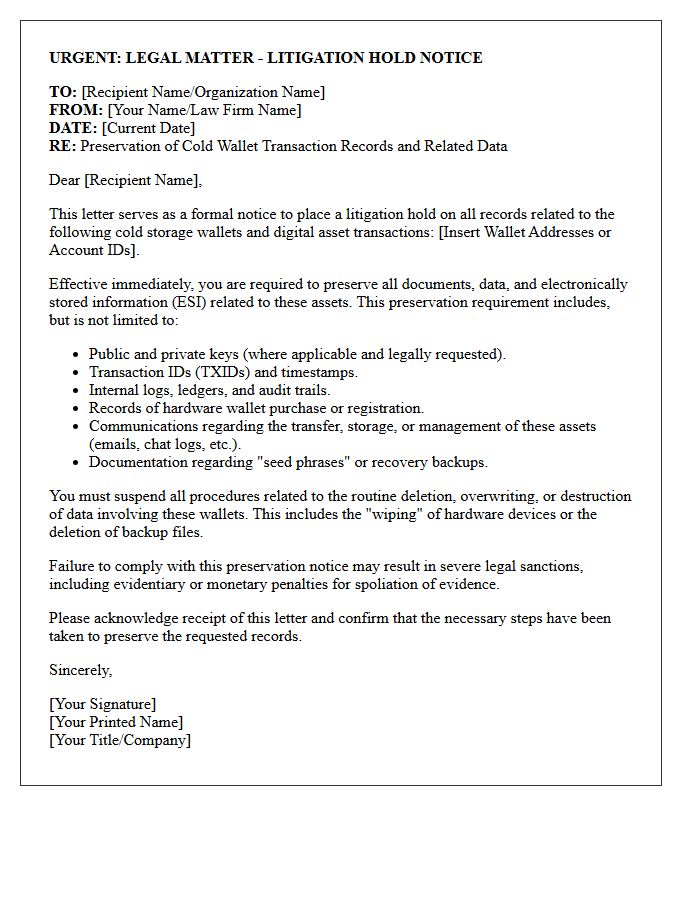Cold Wallet Transaction Record Litigation Hold Letter