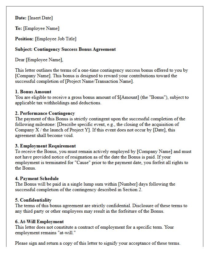 Contingency Success Bonus Letter Terms