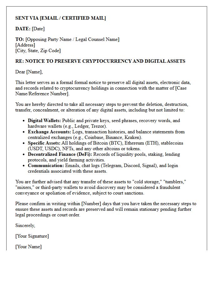 Opposing Party Cryptocurrency Asset Preservation Letter