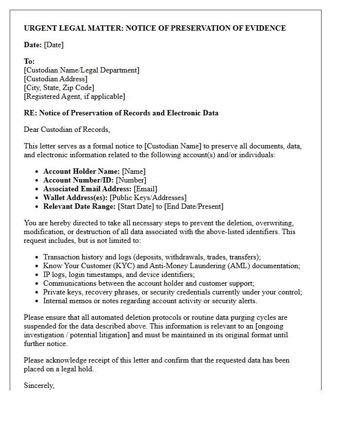 Third-Party Crypto Custodian Notice Of Preservation Letter