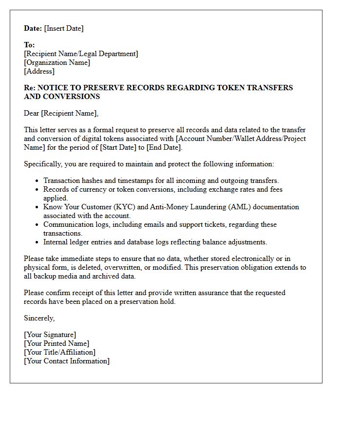 Token Transfer And Conversion Record Preservation Letter