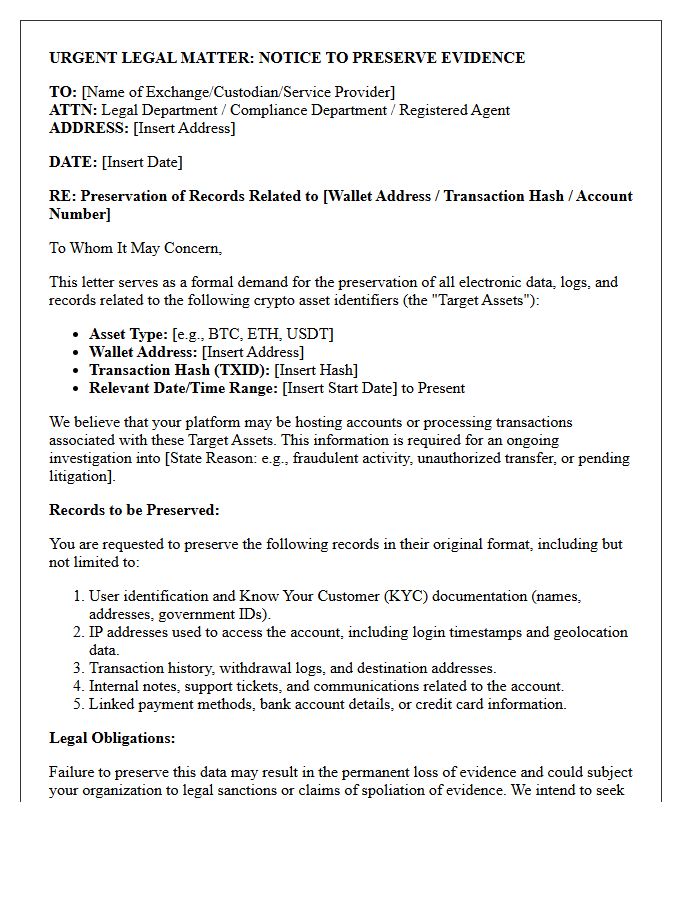 Crypto Asset Tracing And Recovery Preservation Letter