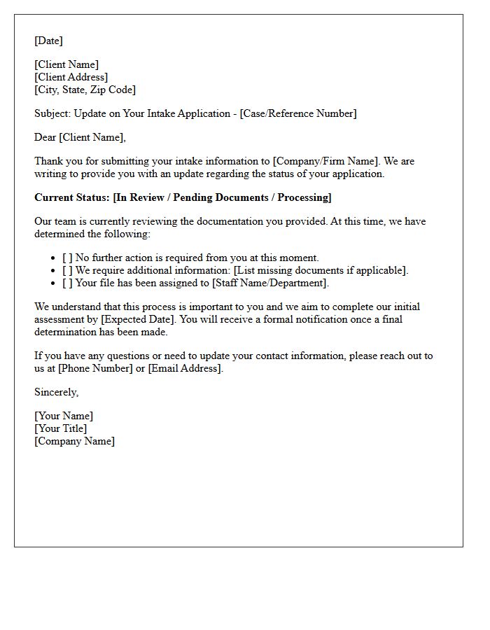 Client Intake Processing Status Letter