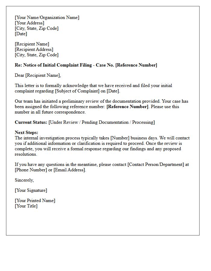 Initial Complaint Filing Status Letter