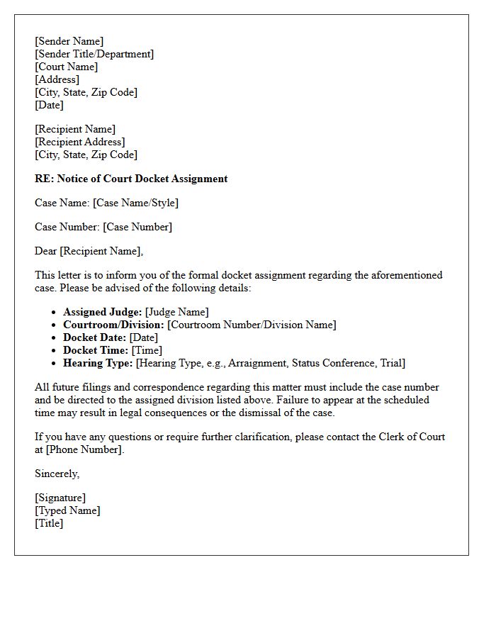 Court Docket Assignment Status Letter